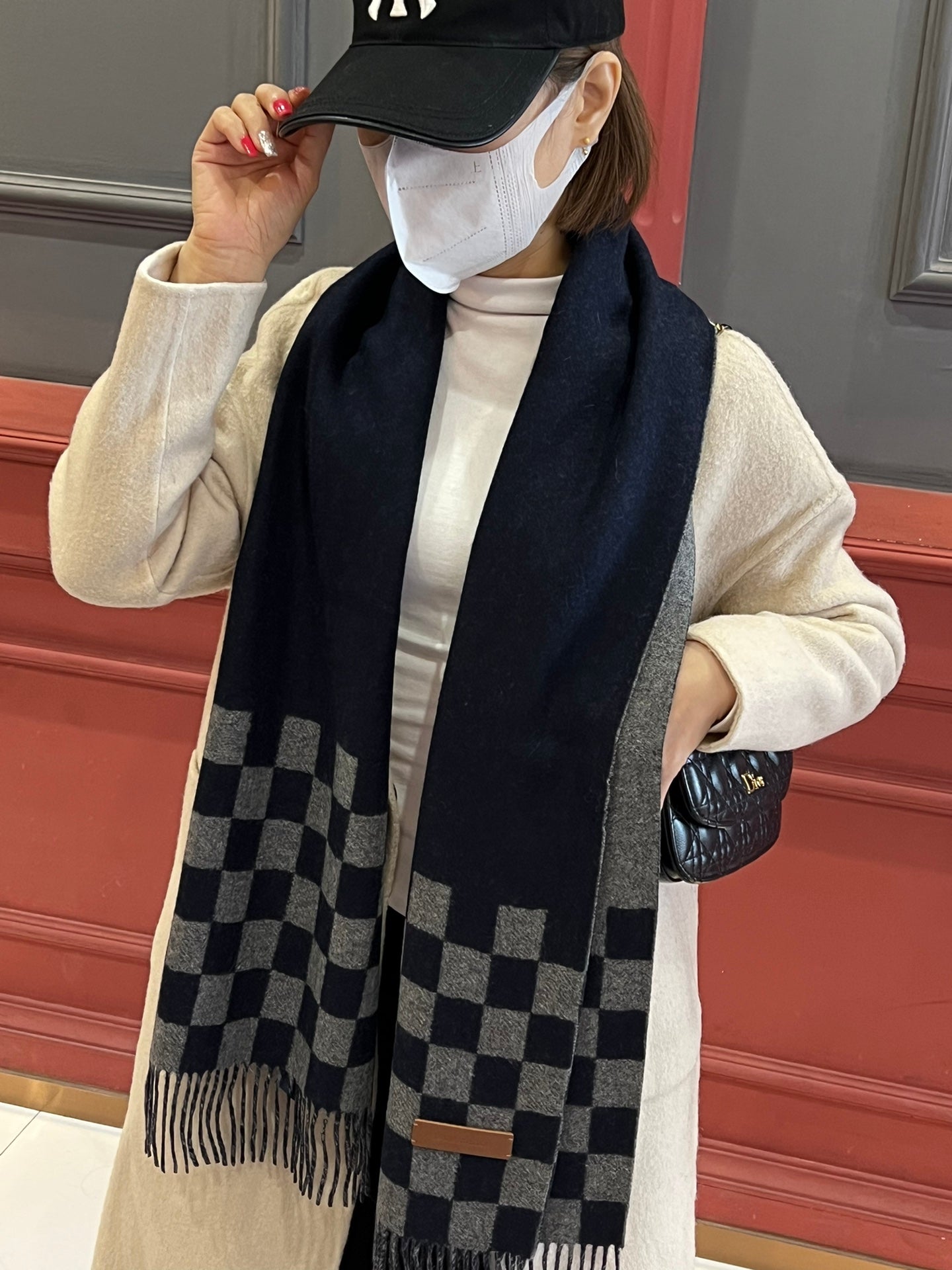 DAMIER SCARF 180 CM IN MIDNIGHT BLUE MIX GRAY CASHMERE 388316