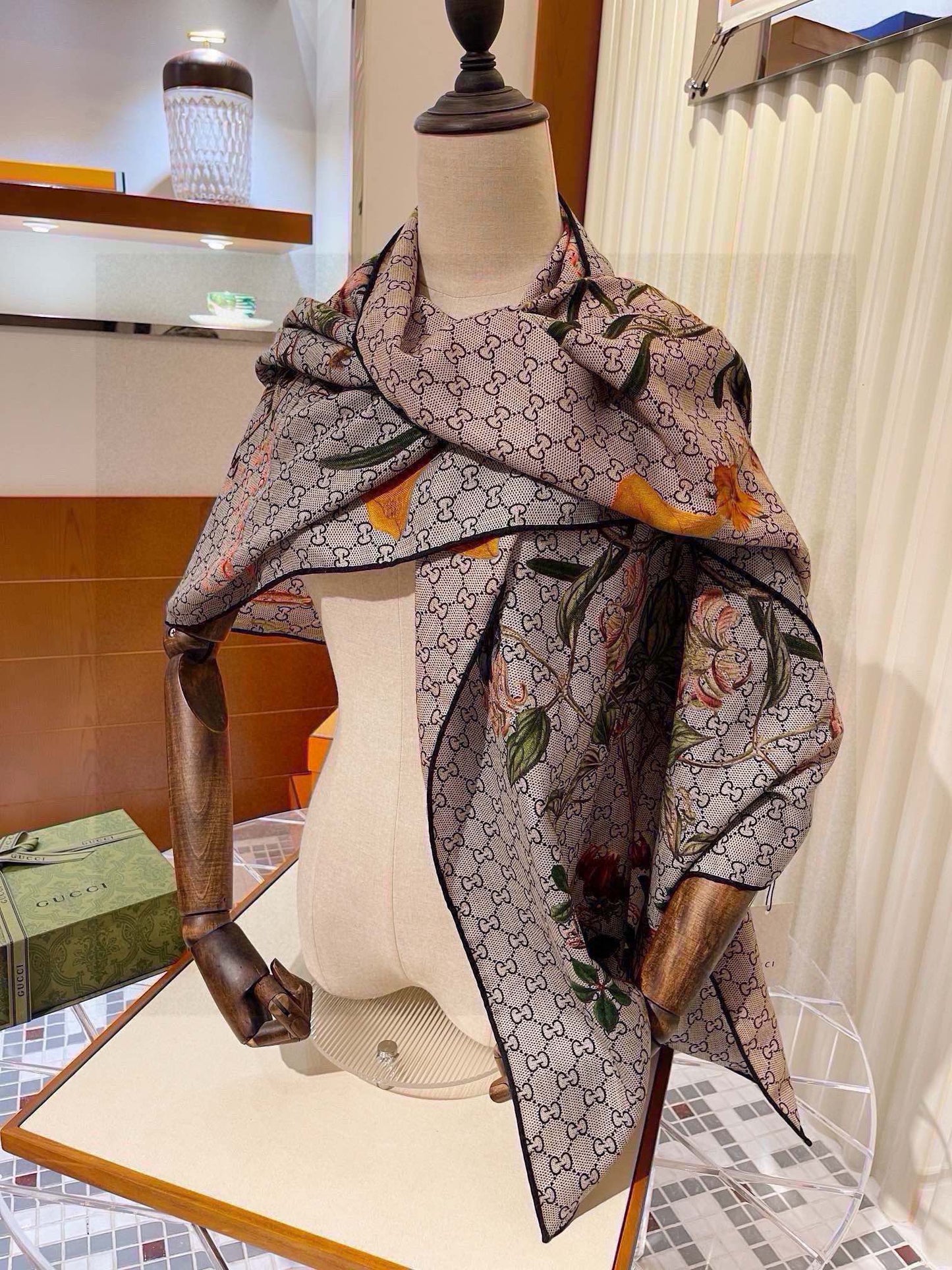 SCARF 180 CM IN KHAKI BROWN MONOGRAM CASHMERE 405276