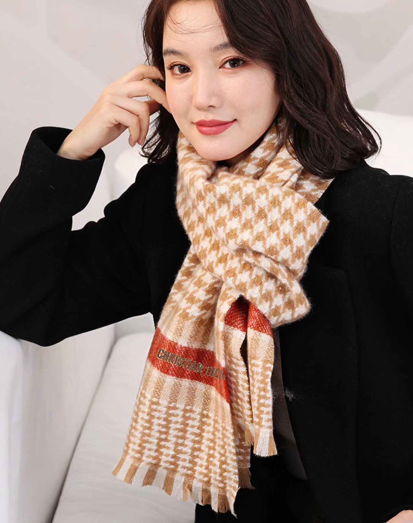 SCARF 190 CM IN PEANUT BROWN MIX WHITE CASHMERE 416802