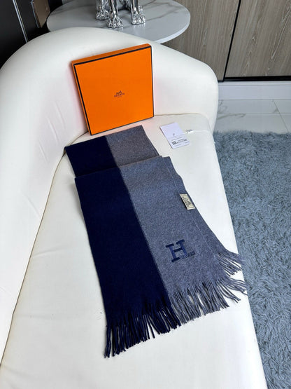 SCARF 180 CM IN NAVY BLUE MIX GREY CASHMERE WITH EMBROIDERED LOGO