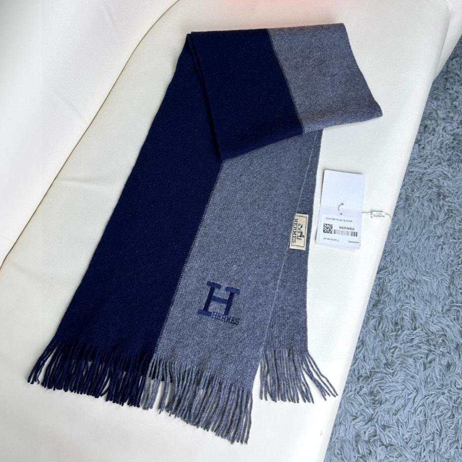 SCARF 180 CM IN NAVY BLUE MIX GREY CASHMERE WITH EMBROIDERED LOGO