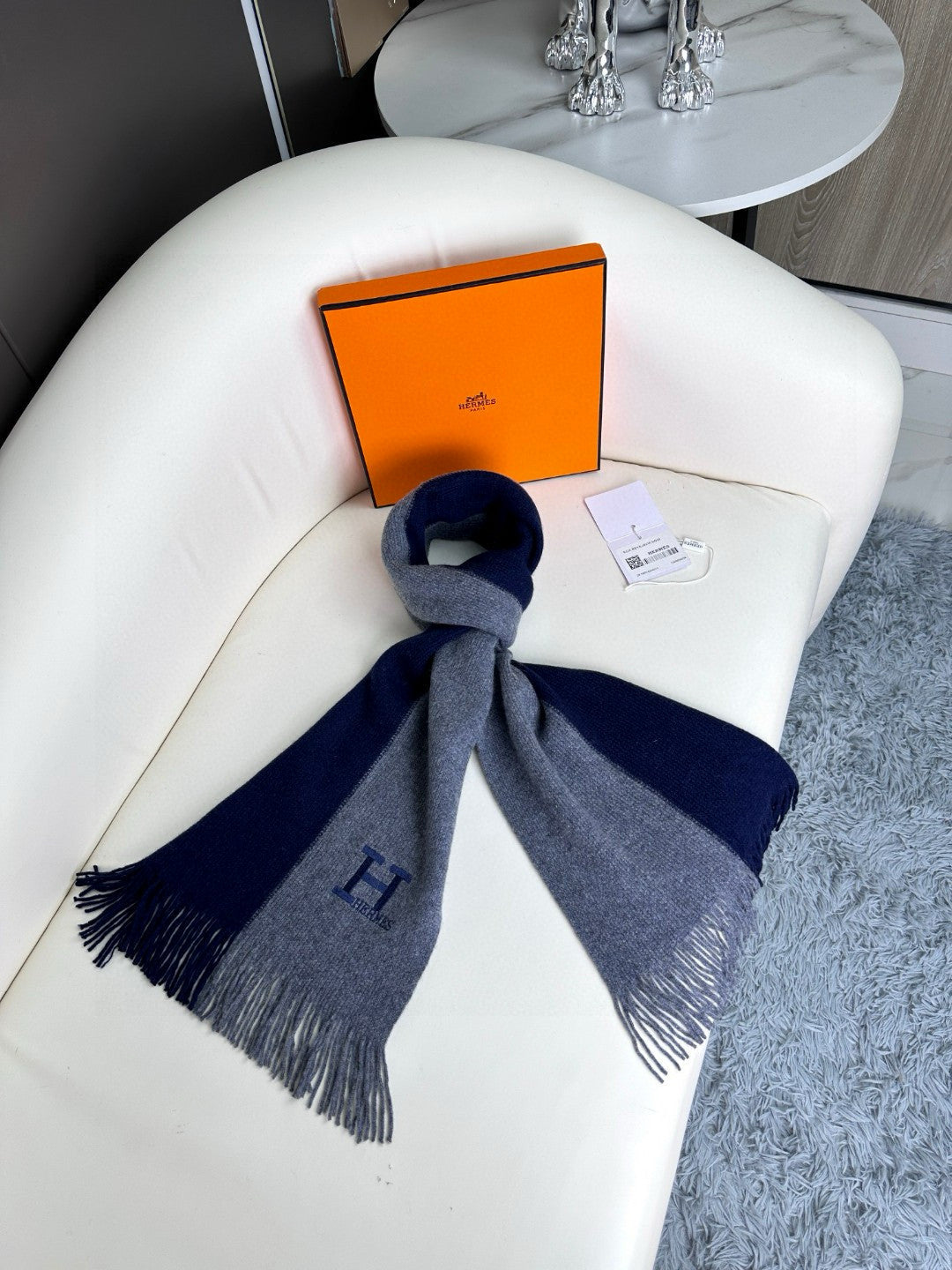 SCARF 180 CM IN NAVY BLUE MIX GREY CASHMERE WITH EMBROIDERED LOGO