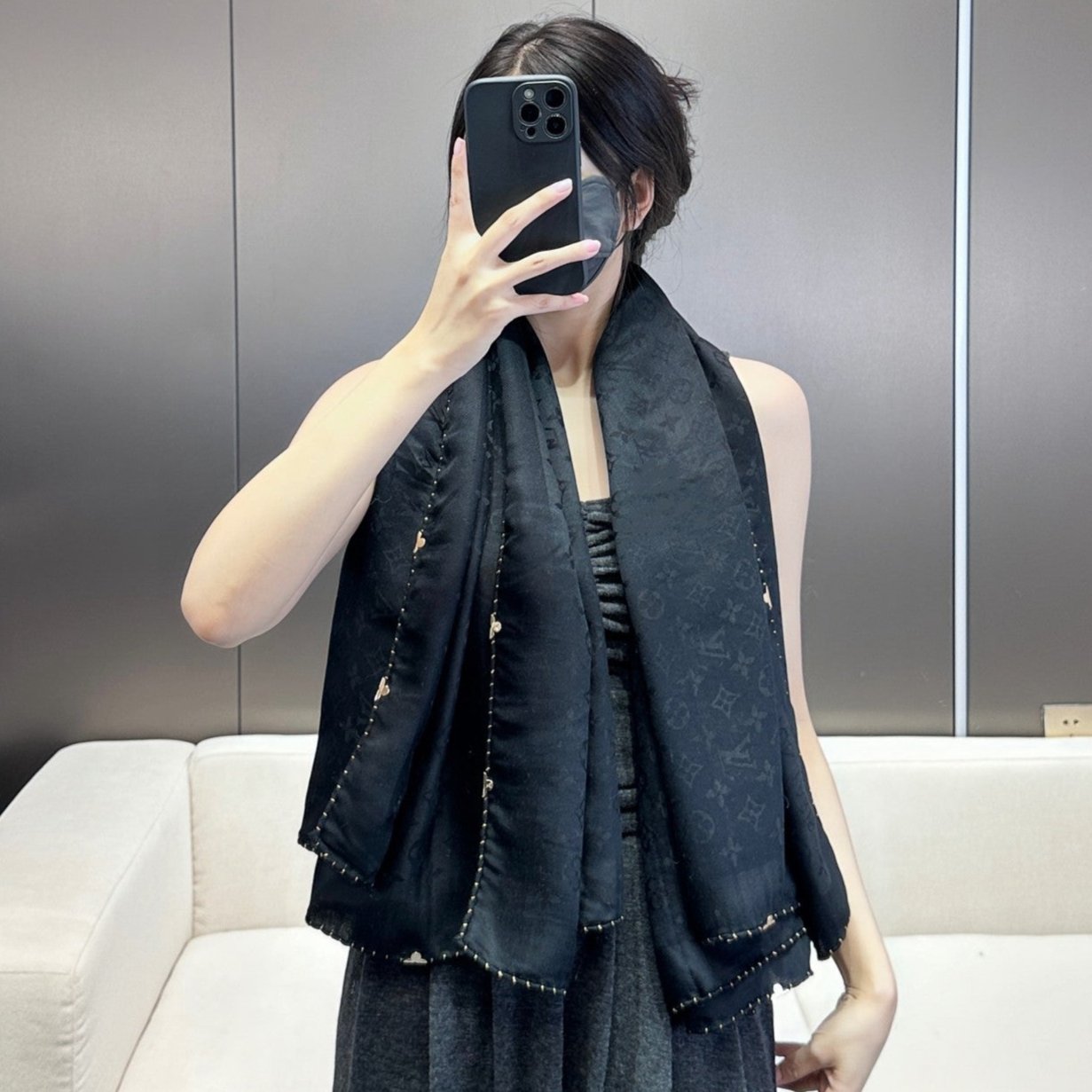 EVERMORE SCARF 140 CM IN BLACK SILK AND WOOL 393156