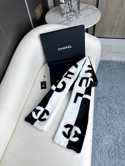 SCARF 120 CM IN BLACK MIX WHITE CASHMERE AND FUR 396432