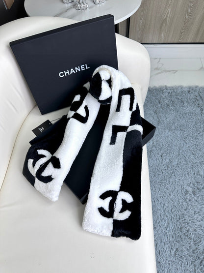 SCARF 120 CM IN BLACK MIX WHITE CASHMERE AND FUR 396432