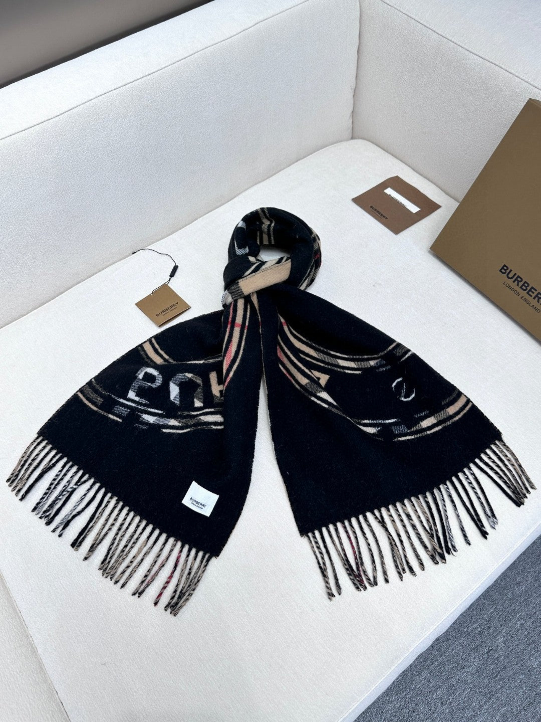 SCARF 180 CM IN BLACK AND TAN BROWN CASHMERE 407240