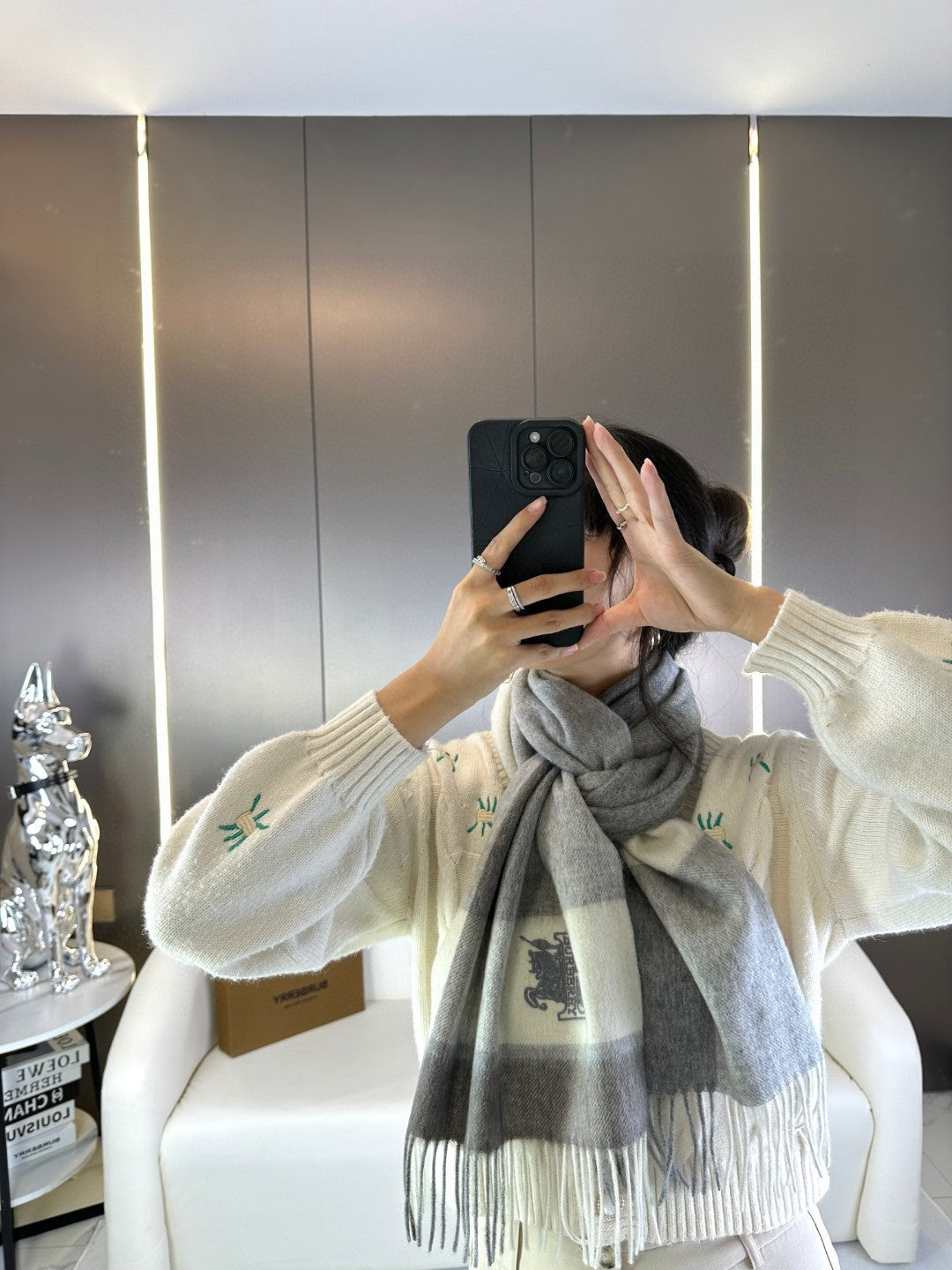 SCARF 180 CM IN SMOKE GRAY MIX WHITE CASHMERE 408504