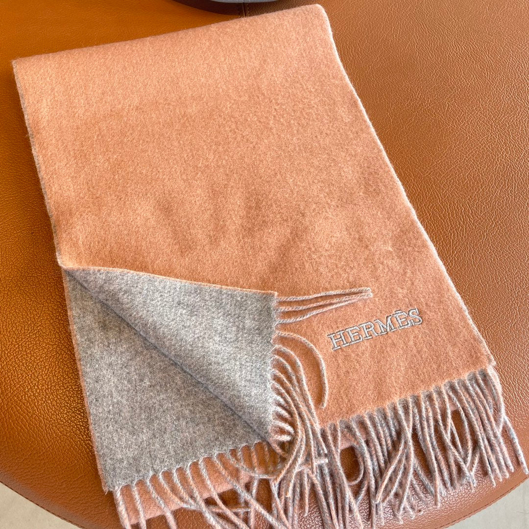 DOUBLE-FACE STOLE SCARF 180 CM IN PALE ORANGE MIX DOLPHIN GRAY CASHMERE 394460