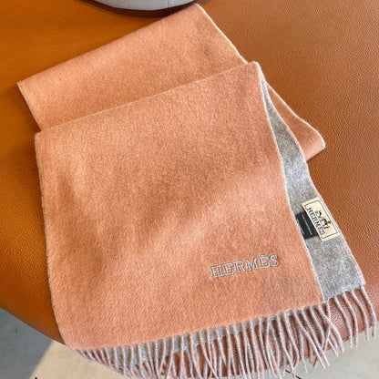 DOUBLE-FACE STOLE SCARF 180 CM IN PALE ORANGE MIX DOLPHIN GRAY CASHMERE 394460