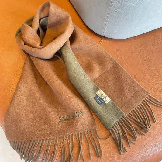 DOUBLE-FACE STOLE SCARF IN BURNT ORANGE MIX OLIVE GREEN CASHMERE 394462