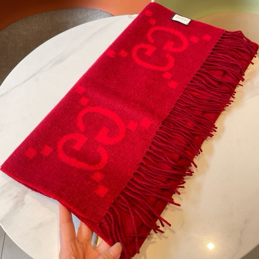 GG JACQUARD PATTERN KNIT SCARF 195 CM WITH TASSELS CHERRY RED 403746