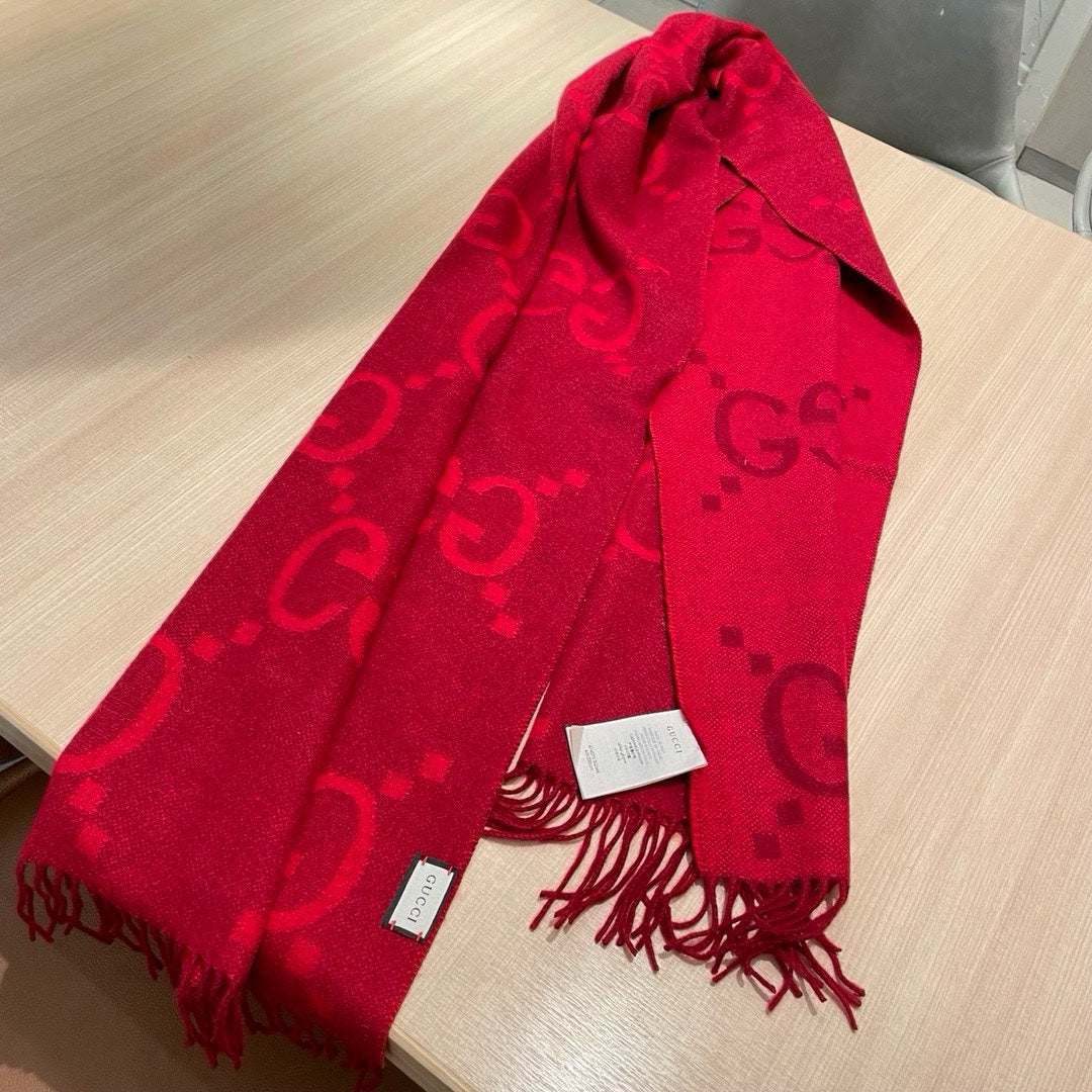 GG JACQUARD PATTERN KNIT SCARF 195 CM WITH TASSELS CHERRY RED 403746