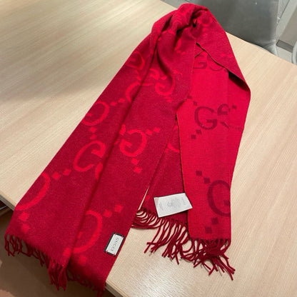 GG JACQUARD PATTERN KNIT SCARF 195 CM WITH TASSELS CHERRY RED 403746