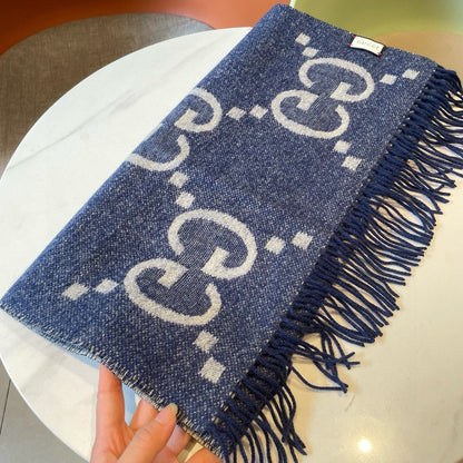 GG JACQUARD PATTERN KNIT SCARF 195 CM WITH TASSELS NAVY BLUE 403747