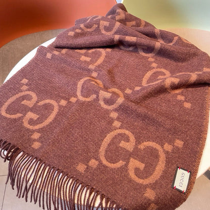 GG JACQUARD PATTERN KNIT SCARF 195 CM WITH TASSELS CHESTNUT BROWN 403749