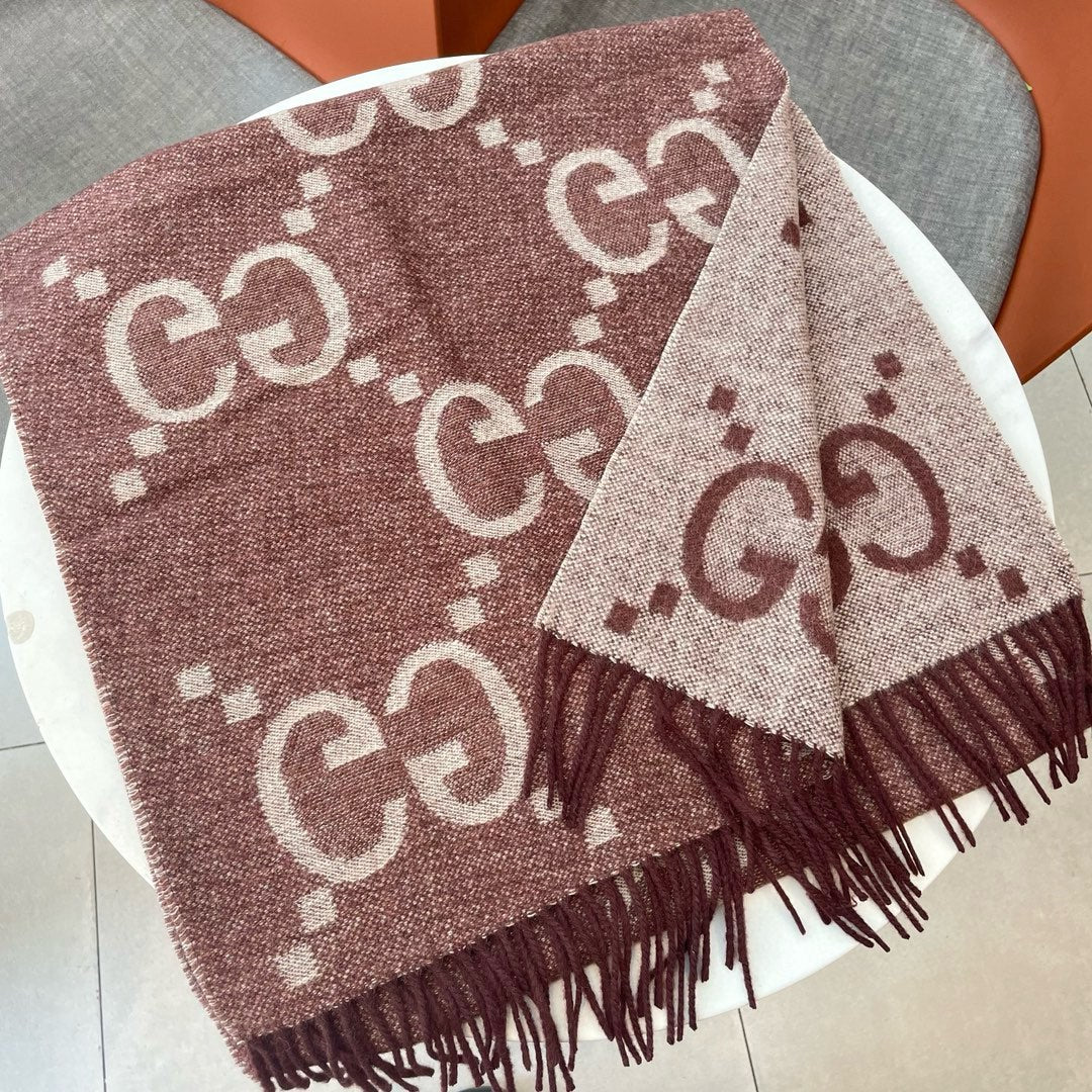 GG JACQUARD PATTERN KNIT SCARF 195 CM WITH TASSELS UMBER BROWN 403751