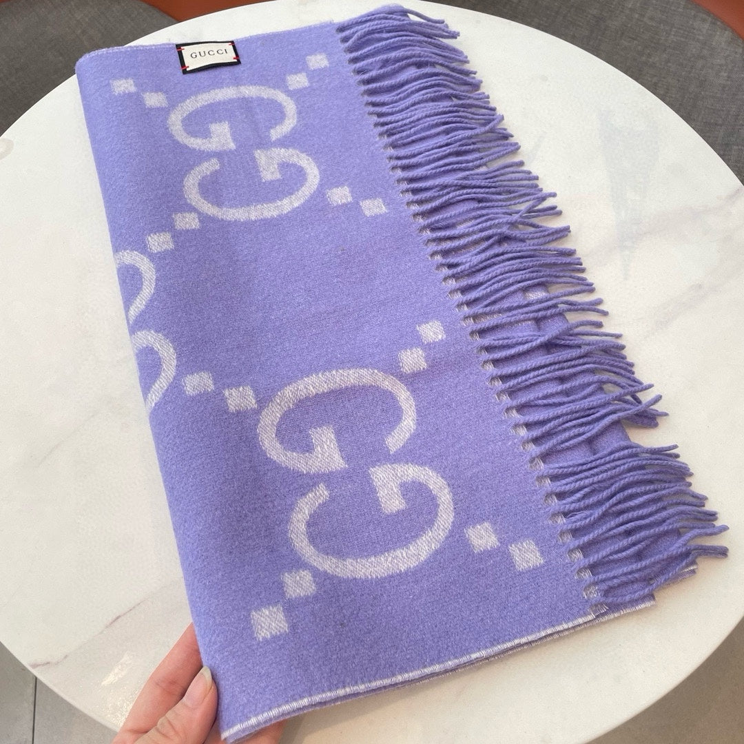 GG JACQUARD PATTERN KNIT SCARF 195 CM WITH TASSELS AMETHYST PURPLE 403752