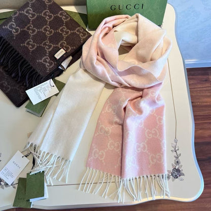 SCARF 200 CM LIGHT PINK AND IVORY GG CASHMERE JACQUARD 405134