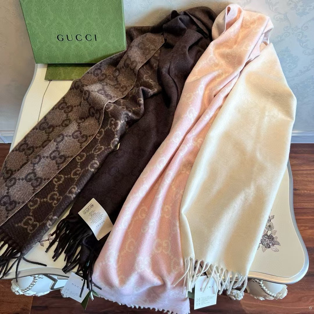 SCARF 200 CM LIGHT PINK AND IVORY GG CASHMERE JACQUARD 405134