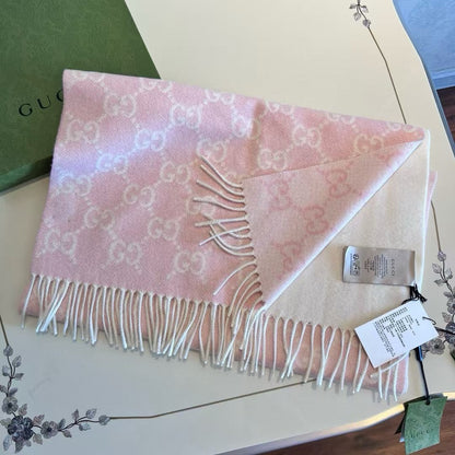 SCARF 200 CM LIGHT PINK AND IVORY GG CASHMERE JACQUARD 405134