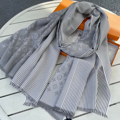 MONOGRAM SCARF 200 CM IN LIGHT GRAY CASHMERE AND SILK 388079