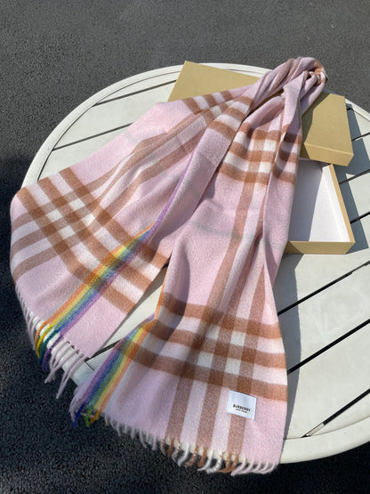 CHECK SCARF 200 CM IN LIGHT PINK MIX CAMEL BROWN CASHMERE 394750