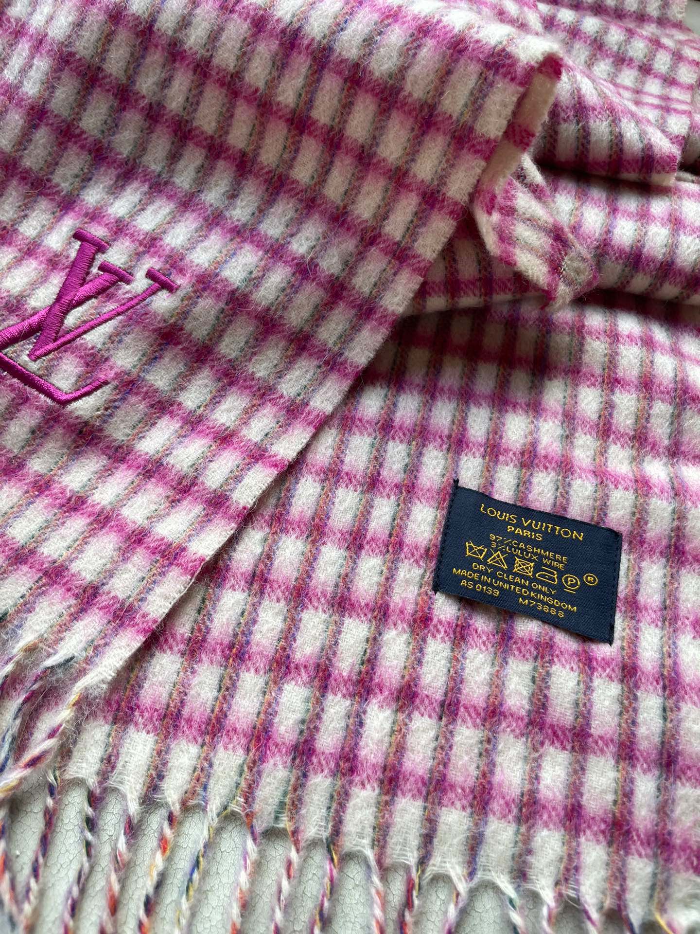 PLAID EMBROIDERY SCARF 180 CM IN BRIGHT PINK CASHMERE 399964