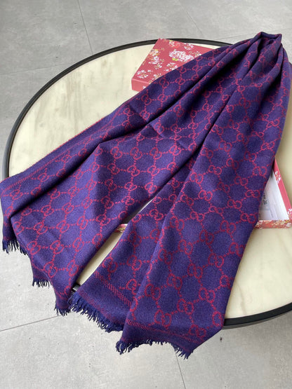 SCARF 180 CM IN VIOLET PURPLE GG PATTERN MONOGRAM WOOL 407526