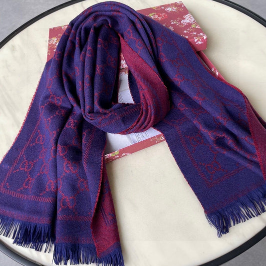 SCARF 180 CM IN VIOLET PURPLE GG PATTERN MONOGRAM WOOL 407526