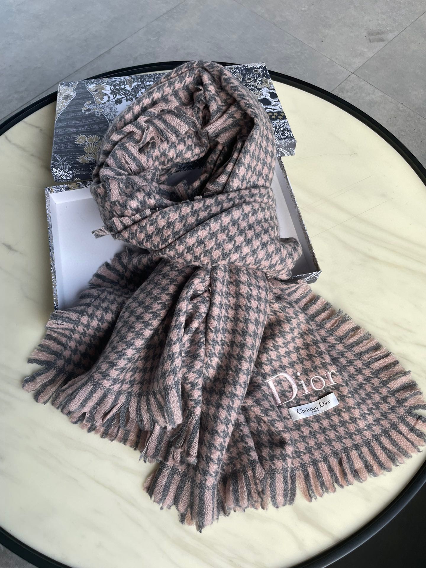 HOUNDSTOOTH SCARF 200 CM IN CAMEL BROWN WOOL 416827