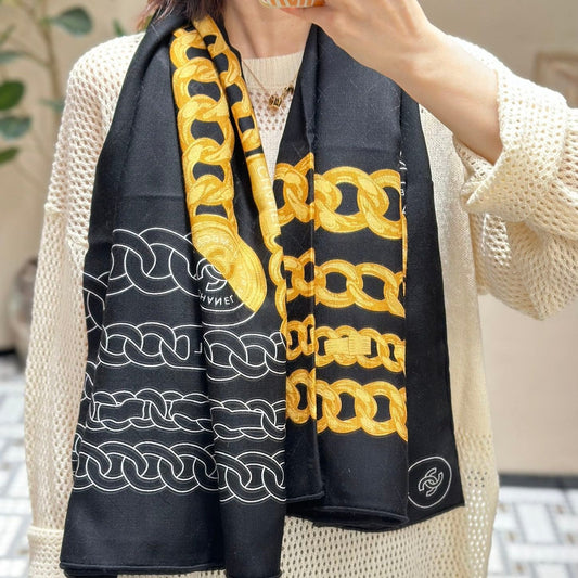 SQUARE SCARF 140 CM IN BLACK MIX GOLD SILK 403987