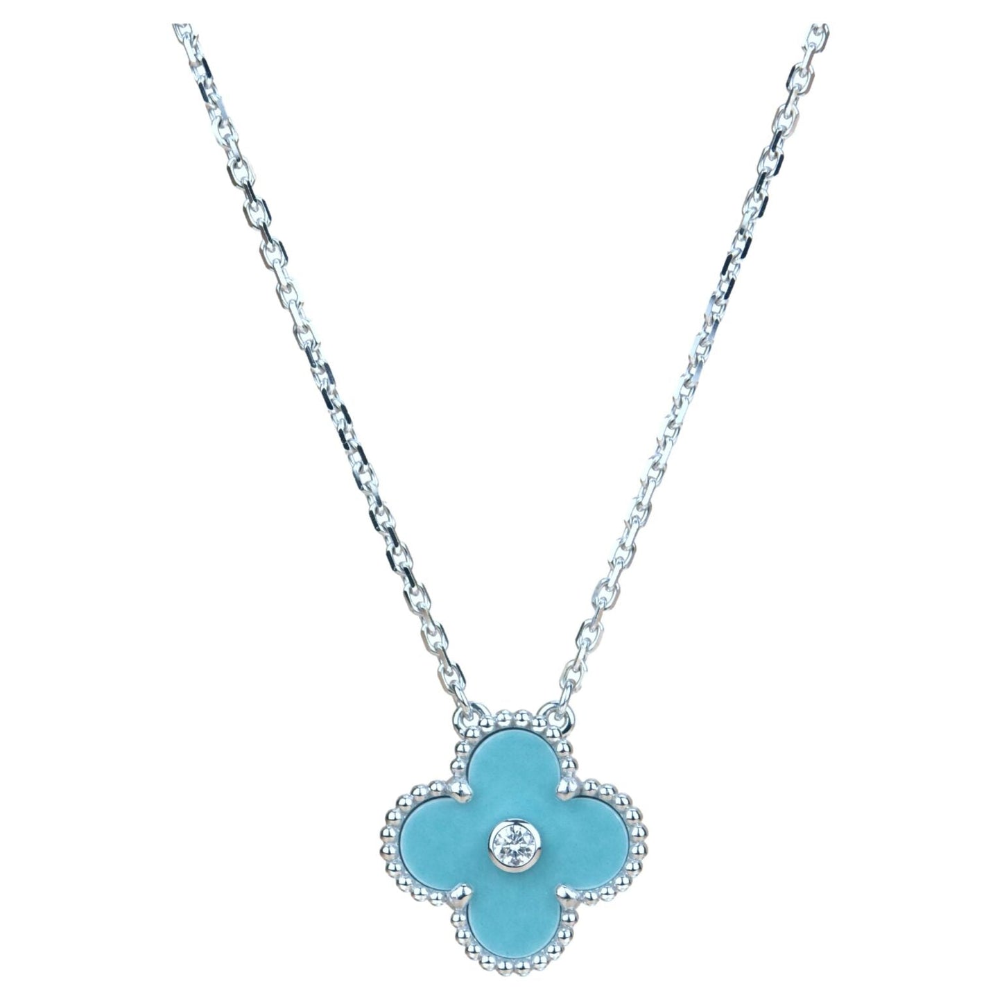 [Royal Jewellery]CLOVER 15MM DIAMOND SVRES PORCELAIN  NECKLACE SILVER