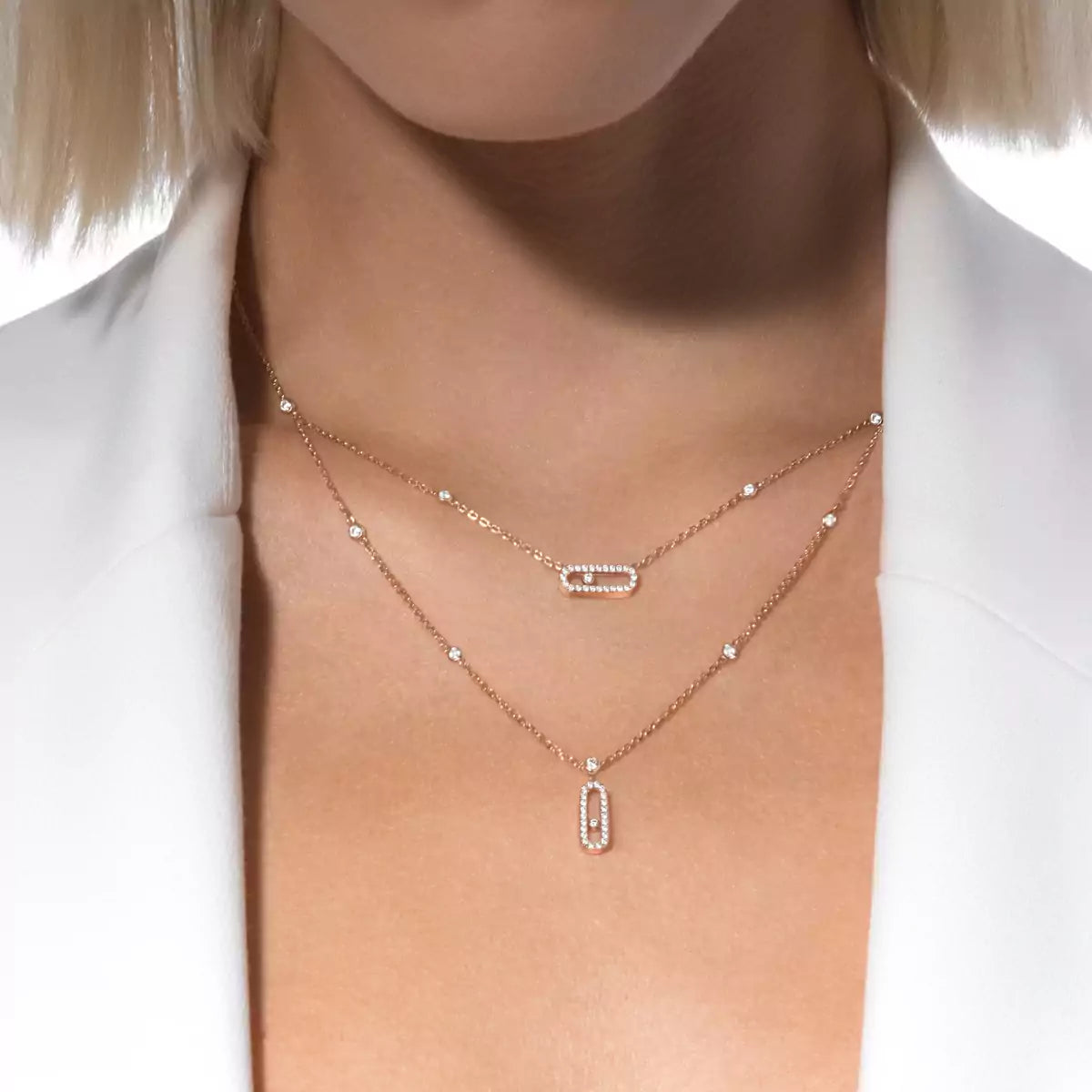 [Royal Jewellery]2 Rows Rose Gold Diamond Pave_ Necklace Move Uno