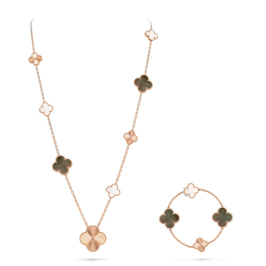 [Royal Jewellery]DETACHABLE CLOVER 15(11+4) FLOWER ROSE GOLD NECKLACE SET