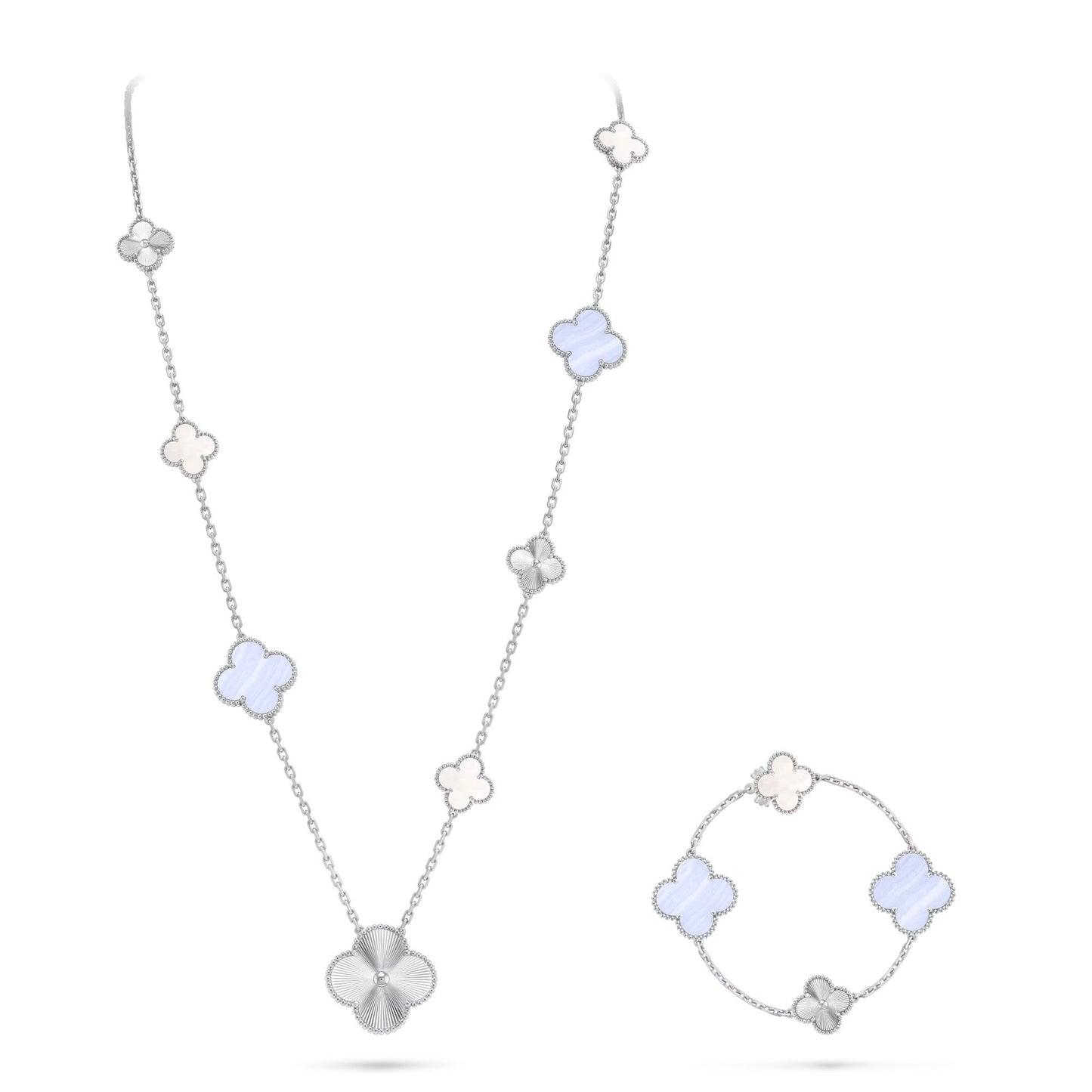 [Royal Jewellery]DETACHABLE CLOVER 15(11+4) FLOWER SILVER NECKLACE SET