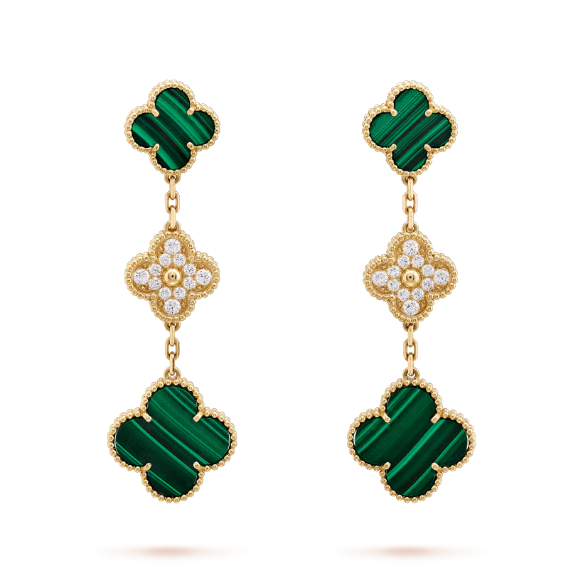 [Royal]CLOVER EARRINGS GOLD MALACHITE DIAMOND 3 MOTIF