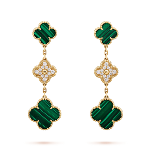 [Royal]CLOVER EARRINGS GOLD MALACHITE DIAMOND 3 MOTIF