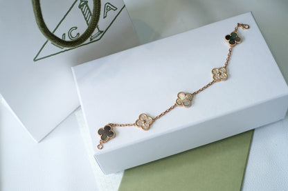 [Royal Jewellery]CLOVER 5 MOTIFS DARK MOP AND DIAMONDS PINK GOLD BRACELET