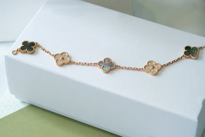 [Royal Jewellery]CLOVER 5 MOTIFS DARK MOP AND DIAMONDS PINK GOLD BRACELET