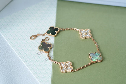 [Royal Jewellery]CLOVER 5 MOTIFS DARK MOP AND DIAMONDS PINK GOLD BRACELET