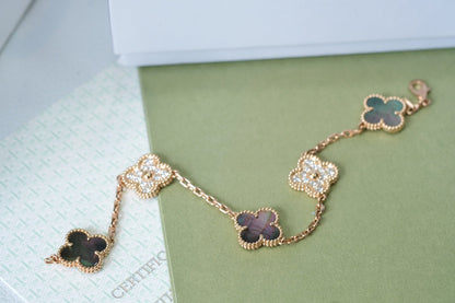 [Royal Jewellery]CLOVER 5 MOTIFS DARK MOP AND DIAMONDS PINK GOLD BRACELET
