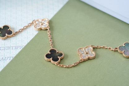 [Royal Jewellery]CLOVER 5 MOTIFS DARK MOP AND DIAMONDS PINK GOLD BRACELET